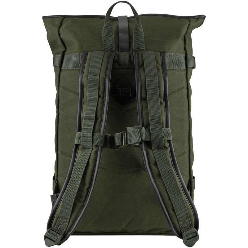 green heavy cotton canvas roll top backpack shoulder straps and handle